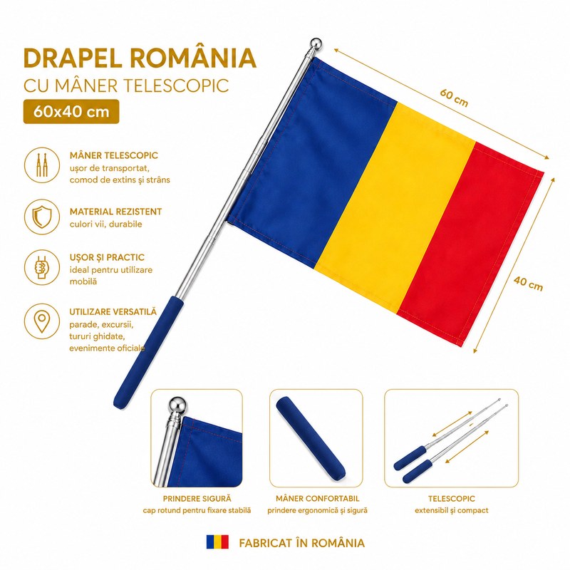 Drapel România cu mâner telescopic 60×40 cm