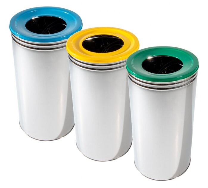 Set 3 coșuri gunoi selective inox rotunde cu capac deschis, 3 × 42 litri