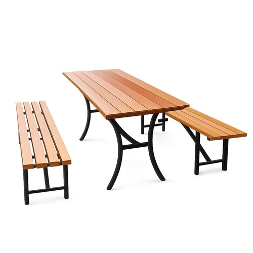 Set Bancă, lemn, cadru metalic, 2 m, fără spătar