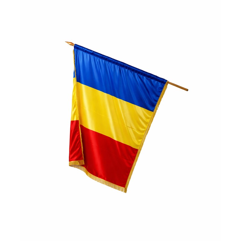 Drapel România satinat cu franjuri aurii 150×100 cm
