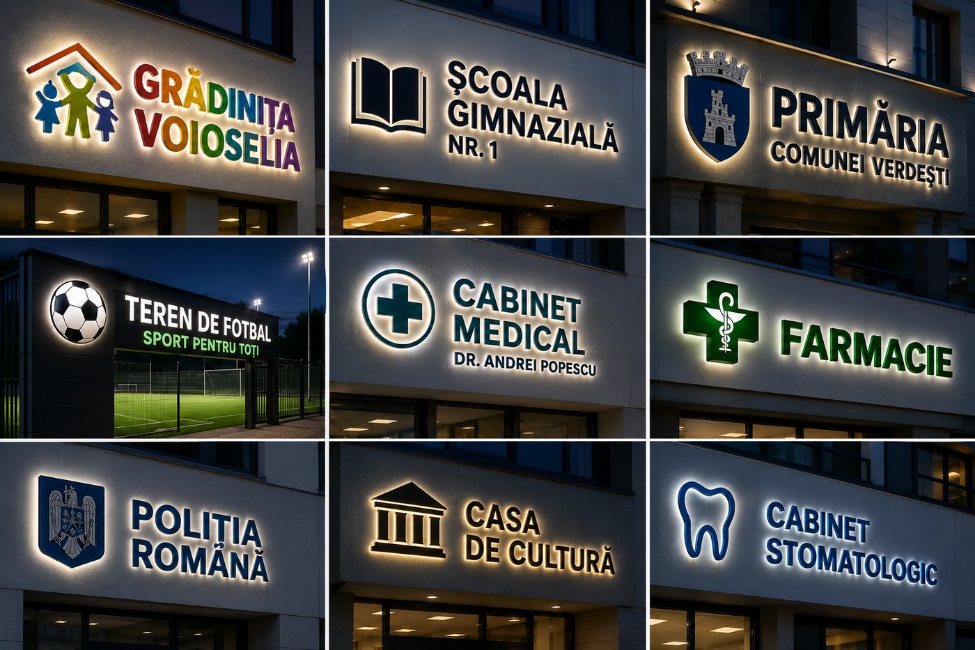 Litere volumetrice iluminate pe instituții publice